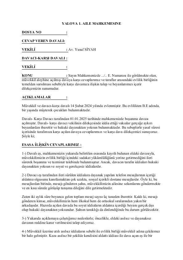 Bosanma Davasinda Karsi Dava DIlekcesi 2025