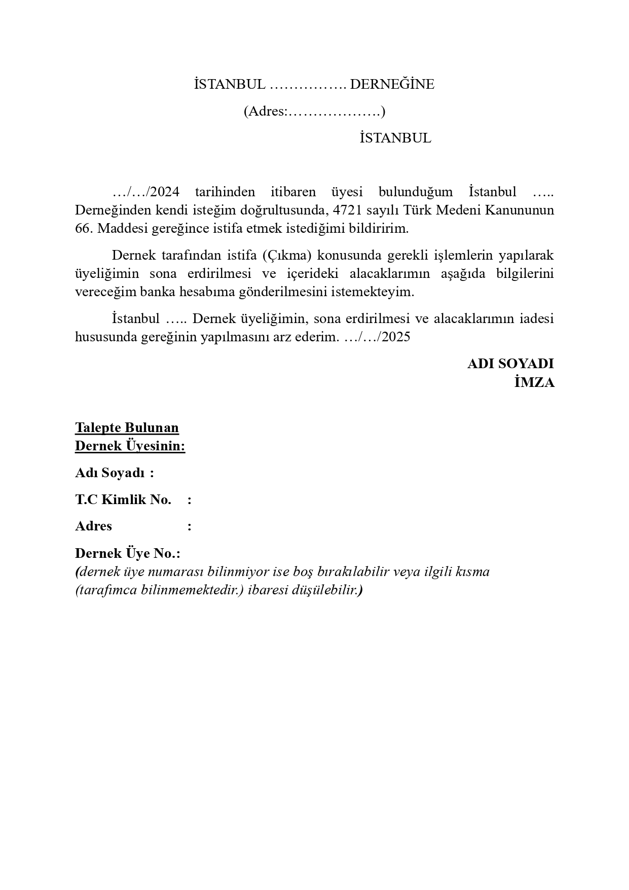 Dernekten istifa dilekçesi