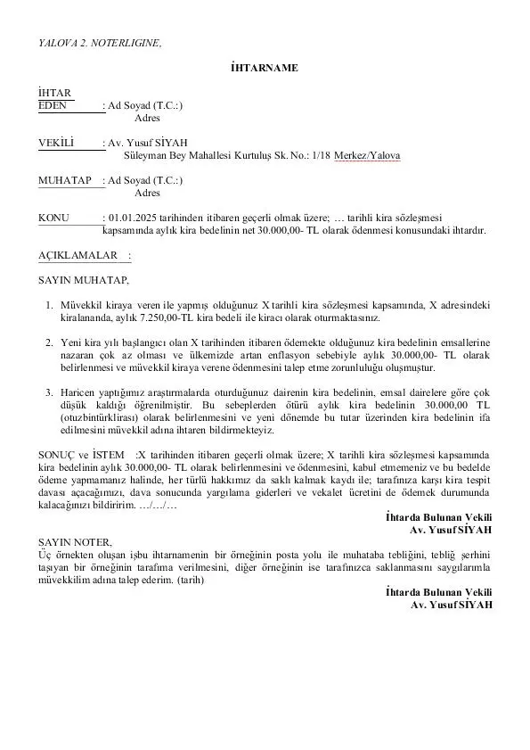 Kira tespit davası ihtarname örneği