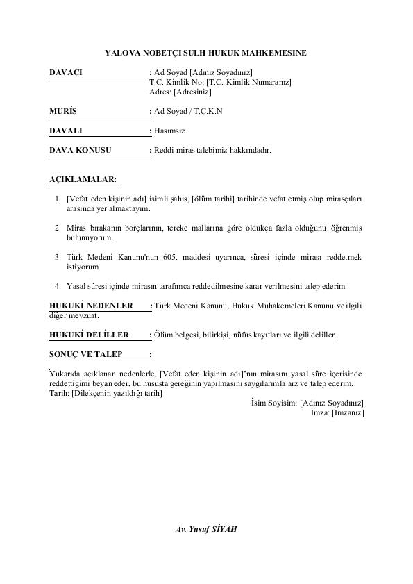 Mirasin Reddi Dilekce Ornegi PDF